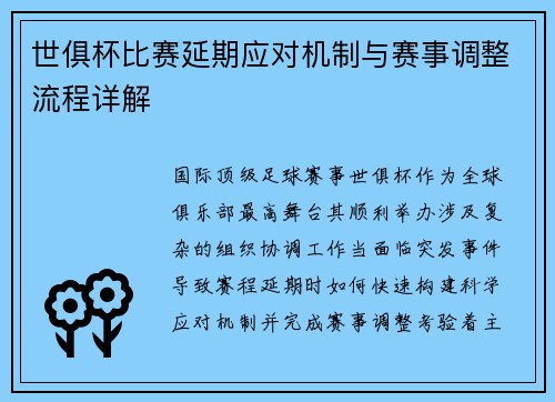 世俱杯比赛延期应对机制与赛事调整流程详解